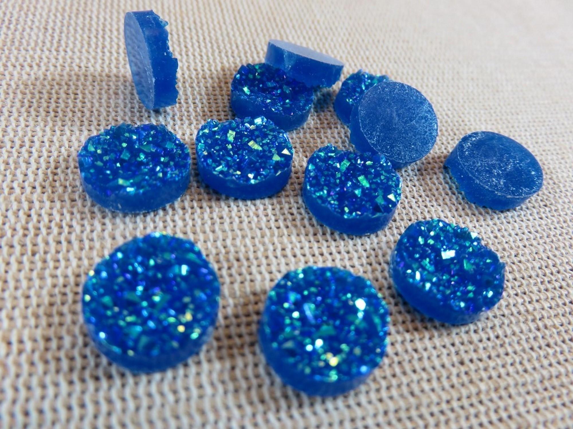 Cabochons druzy bleu 12mm rond en résine - lot de 10