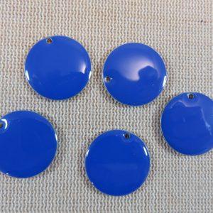 Breloques rond 20mm bleu saphir sequin cuivre émaillé – lot de 5