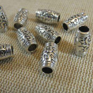 Perles colonne tube argenté 12x7mm en métal – lot de 10