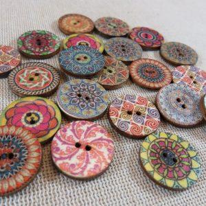 Boutons mandala en bois multicolore 20mm bouton de couture – lot de 10