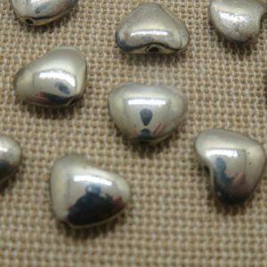 Perles cœur argenté gunmétal 11mm en métal – lot de 10