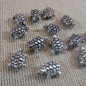 Perles tortue 3D argenté 10mm en métal – lot de 10