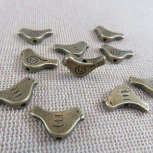 Perles oiseaux bronze gravé ailes 15mm en métal – lot de 10