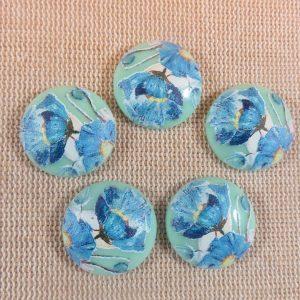 Cabochons fleuri bleu tensha en résine style vintage 20mm – lot de 5