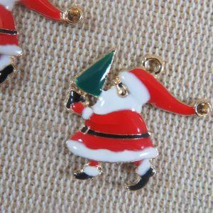 Pendentifs Père Noël métal émaillé avec son sapin – lot de 5