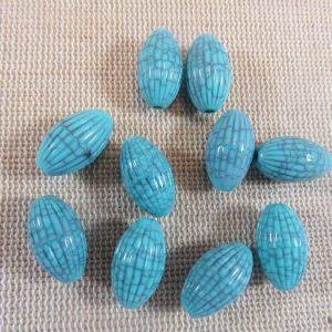 Perles ovale strié bleu turquoise fissuré en acrylique – lot de 10