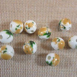 Perles céramique fleur jaune 8mm ronde – lot de 10