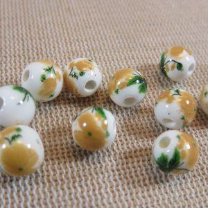 Perles céramique fleur jaune 8mm ronde – lot de 10
