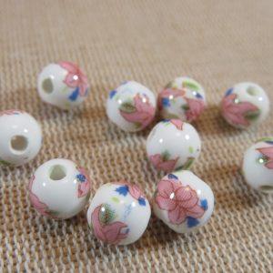 Perles céramique fleur rose 8mm ronde – lot de 10