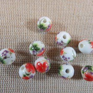 Perles céramique fleur rouge 8mm ronde – lot de 10