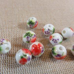 Perles céramique fleur rouge 8mm ronde – lot de 10