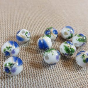 Perles céramique fleur bleu 8mm ronde – lot de 10