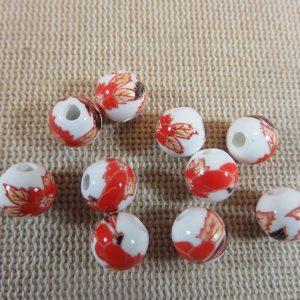 Perles céramique fleur rouge marron 8mm ronde – lot de 10