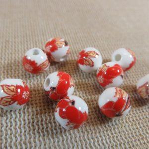 Perles céramique fleur rouge marron 8mm ronde – lot de 10