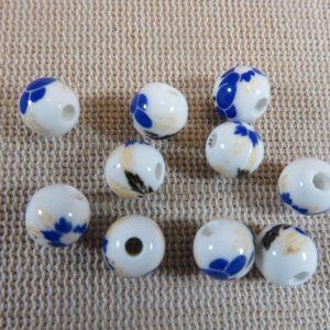 Perles céramique fleur bleu jaune 8mm ronde – lot de 10