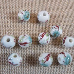 Perles céramique fleur bleu marron 8mm ronde – lot de 10