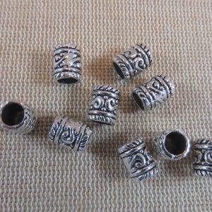 Perles tonneau tube métal argenté colonne 9x6mm – lot de 10