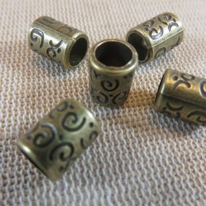 Perles de barbe colonne bronze gravé 10x7mm en métal – lot de 5