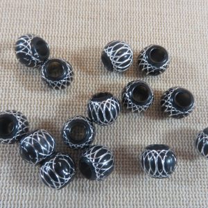 Perles ronde noir rayé argenté 11mm en acrylique – lot de 15