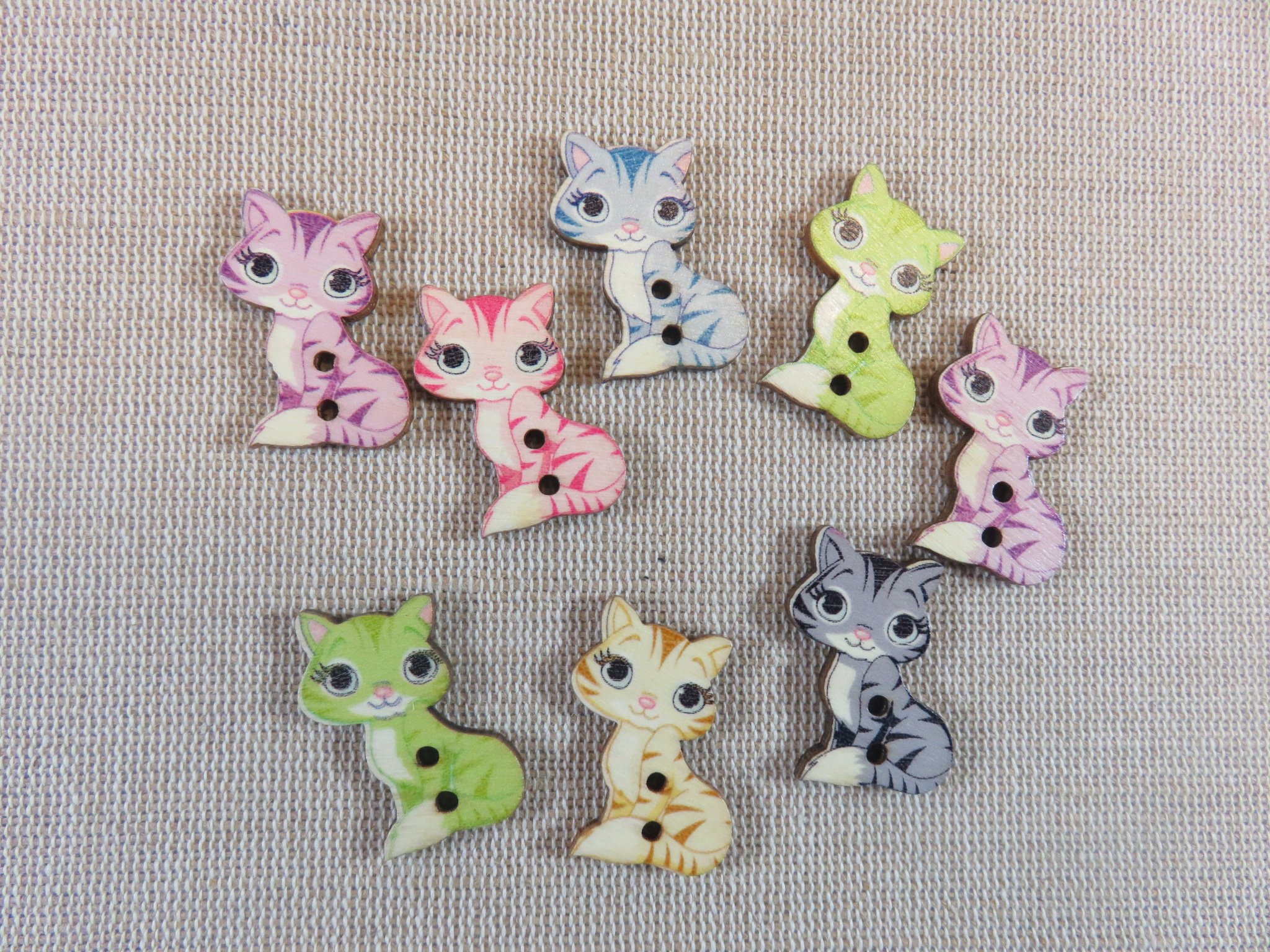 Boutons chat en bois kawaii multicolore - lot de 8 bouton de couture