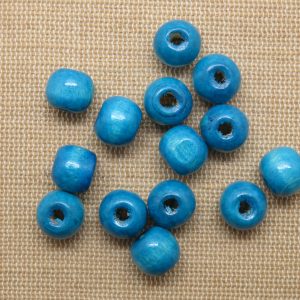 Perles bois bleu 10mm tambour rond – lot de 15