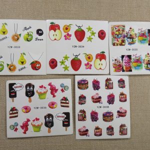 Stickers d’ongle fruits gateaux fleurs – Lot de 5 Nails-Art décalcomanie