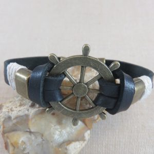 Bracelet homme cordon cuir barre de gouvernail nautique – bijoux homme