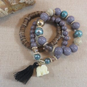 Bracelet manchette violet éléphant et perles – bracelets bohème bijoux femme
