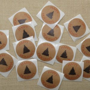 Étiquettes Happy Holidays autocollante avec sapin noir – lot de 25 stickers rond 25mm