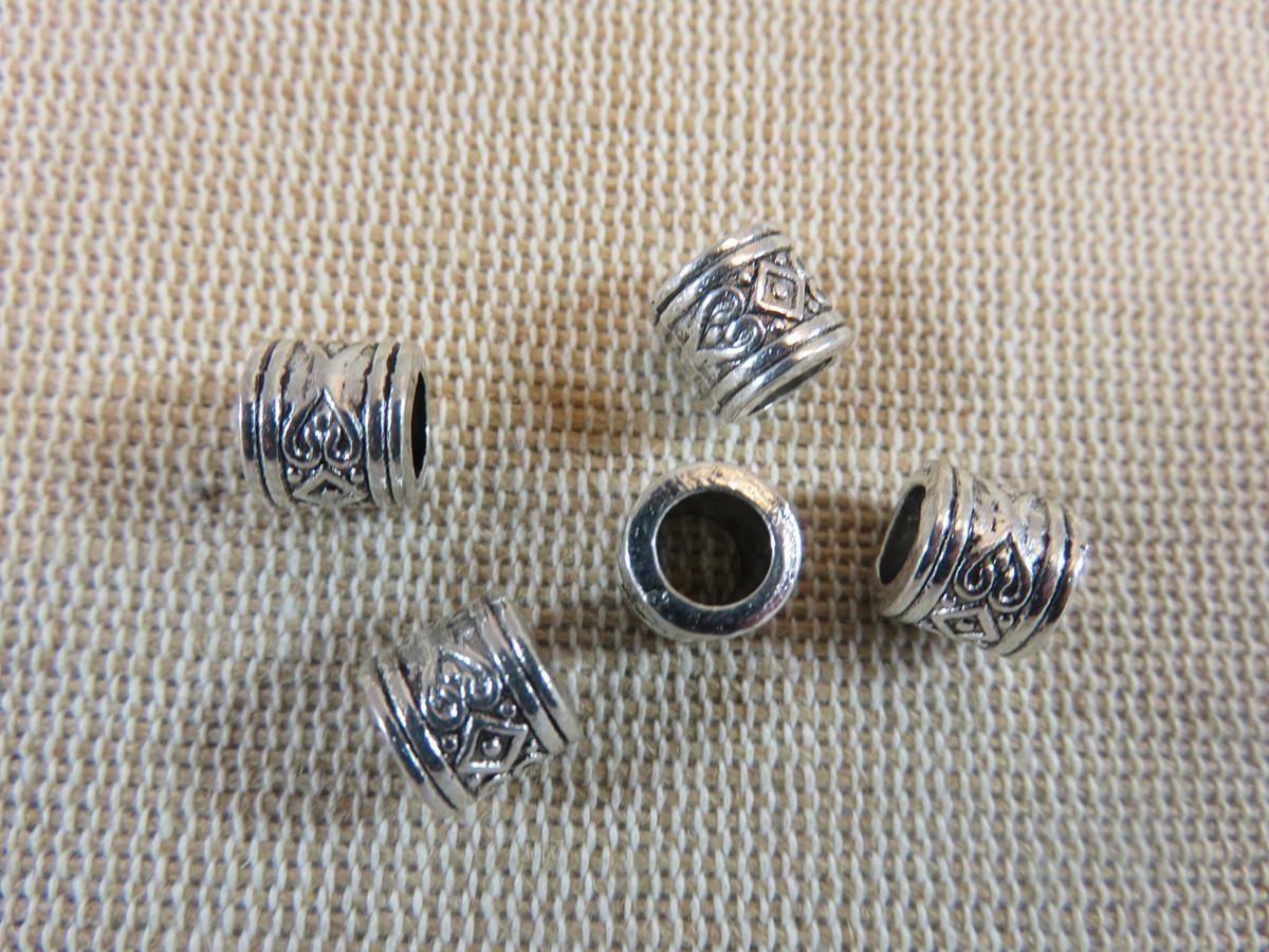 Perles colonne gravé cœur, perles en métal coloris argenté, perles tube 8x7mm, perles gros trou, lot de perles intercalaire ethnique, création bijoux DIY