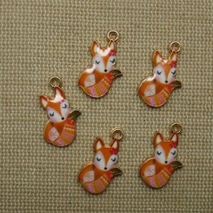 Breloques renard roux métal émaillé 19mm – lot de 5 pendentifs