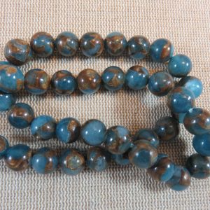 Perles Jaspe bleu or 8mm cloisonné ronde pierre de gemme lac marin – lot de 10