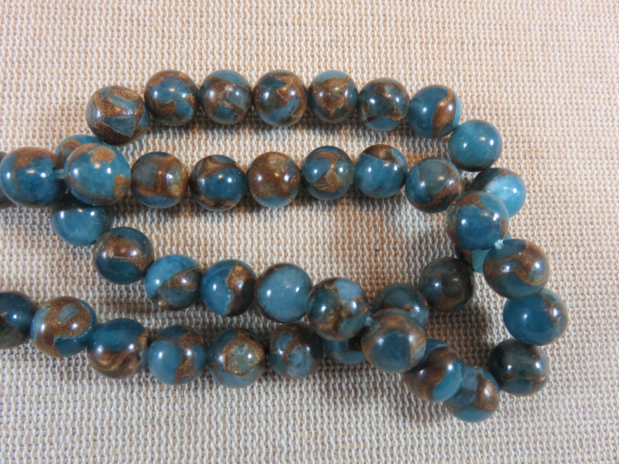 Perles Jaspe bleu or 8mm cloisonné ronde pierre de gemme lac marin - lot de 10