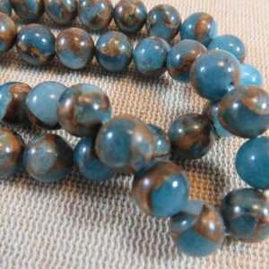 Perles Jaspe bleu or 8mm cloisonné ronde pierre de gemme lac marin – lot de 10