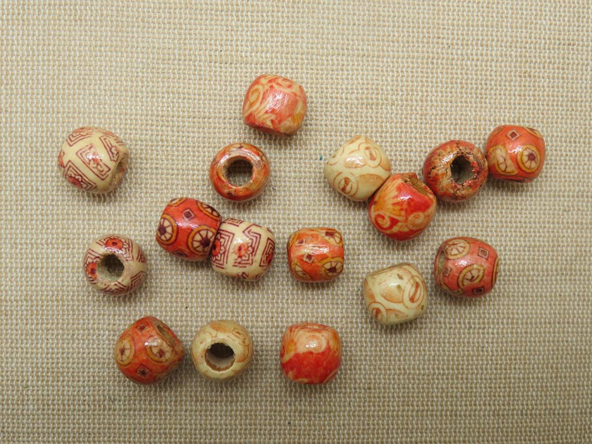 Perles tonneau en bois, perles imprimé, perles bois multicolore, perles 12mm, perles à gros trous, création bijoux DIY