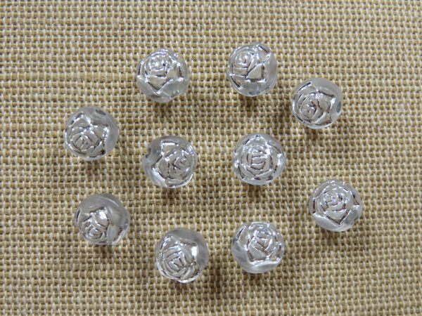 Perles fleur argenté 8mm en acrylique gravé Rose - lot de 15