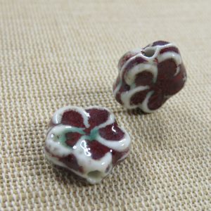 Perles fleur céramique 15mm effet rétro – lot de 2