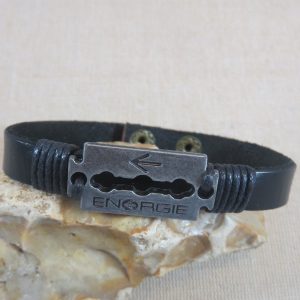 Bracelet cuir punk lame de rasoir gravé Energie – bijoux cadeaux homme