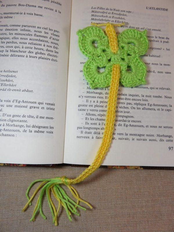 Marque-pages papillon vert jaune crocheté - bijoux de livre
