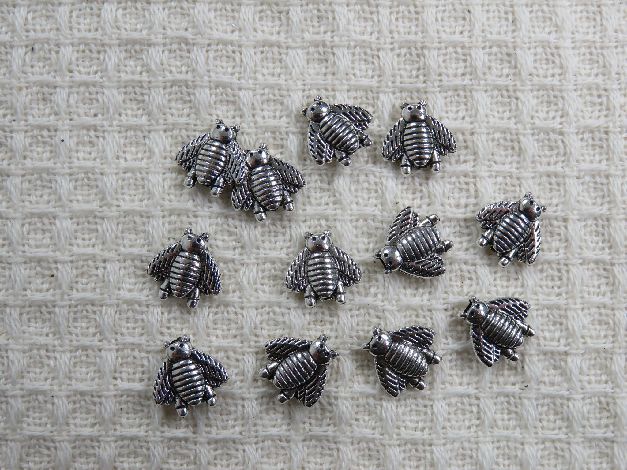 Perles abeille argenté 10mm insecte en métal