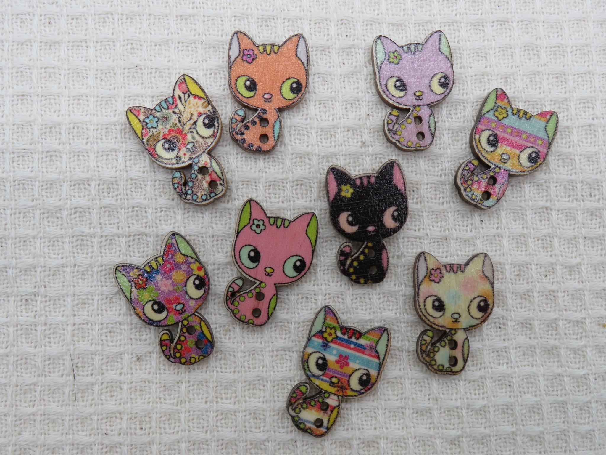 Boutons en bois chat kawaii multicolore - lot de 8 bouton de couture